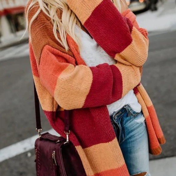 Autumn Colorblock boho Stripes Knit Open Front Cardigan Casual stripes - Picture 12 of 13